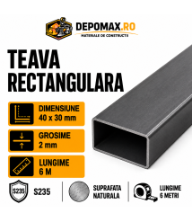 Teava rectangulara 40 x 30 x 2 mm, 6 metri